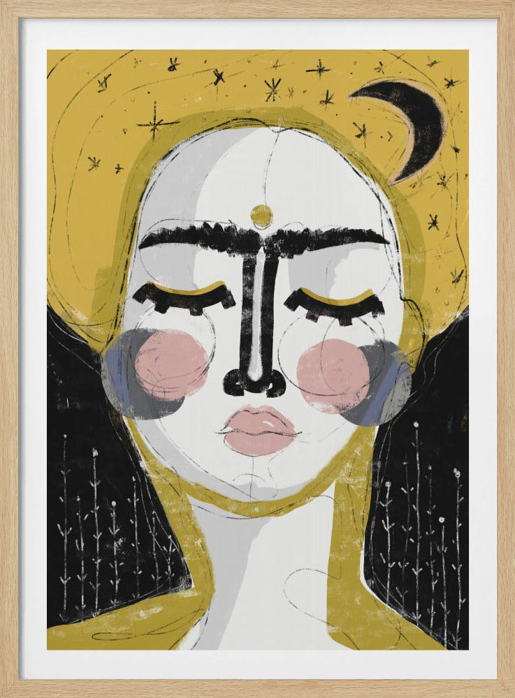 An abstract, framed painting of a serene face with closed eyes. The face is rendered in white with pink blush on the cheeks and bold, black lines for the unibrow and nose. A golden dot adorns the forehead. The background is a vibrant mustard yellow featuring a black crescent moon and simple star sketches. Wall Art