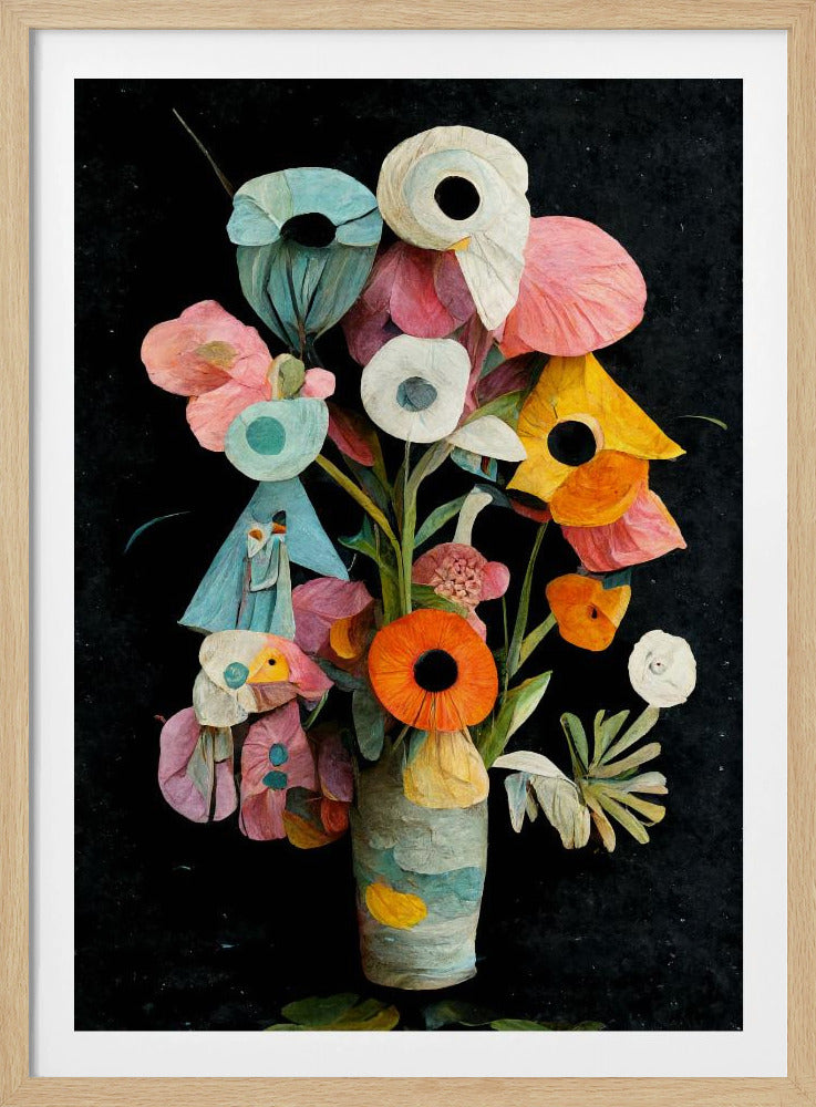 An abstract digital painting of a colorful bouquet of flowers in a textured vase against a solid black background. The flowers are stylized with a paper-cut or collage effect, featuring vibrant shades of pink, teal, orange, and white with prominent dark centers. Wall Art
