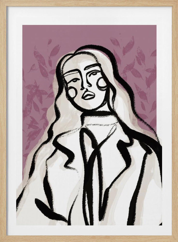 An abstract fashion illustration of a woman with long, wavy, light-colored hair, outlined in bold black brushstrokes. She wears a coat over a high-necked shirt, set against a dusty purple background with a faint leaf pattern. Wall Art