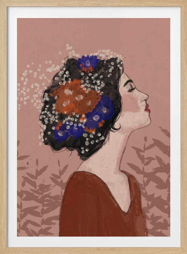 An illustrative portrait of a woman in profile with her head tilted back and eyes closed. Her dark, curly hair is adorned with vibrant orange, blue, and small white flowers. She is wearing a rust-colored top against a dusty pink background with a faint leaf pattern. Print