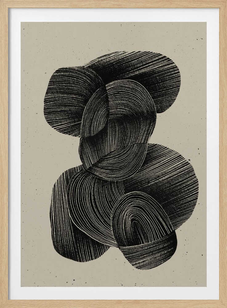 A framed abstract art print featuring a composition of interlocking, rounded organic shapes in black ink against a speckled beige background. The shapes are filled with dense, hand-drawn lines that follow their contours, creating a sense of texture and depth. The artwork is presented within a simple black frame. Wall Art