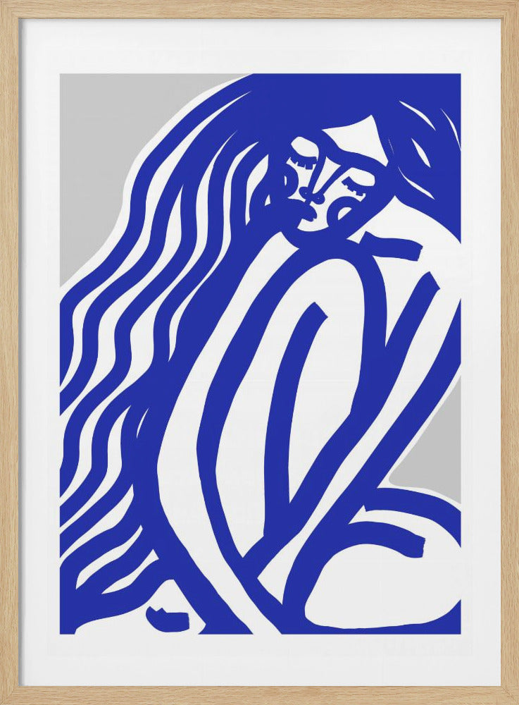 A modern figurative art print depicting a person with long, flowing hair rendered in bold, continuous blue lines. The figure has closed eyes and a peaceful expression, set against a two-tone white and light gray background, all within a thin black frame. Print