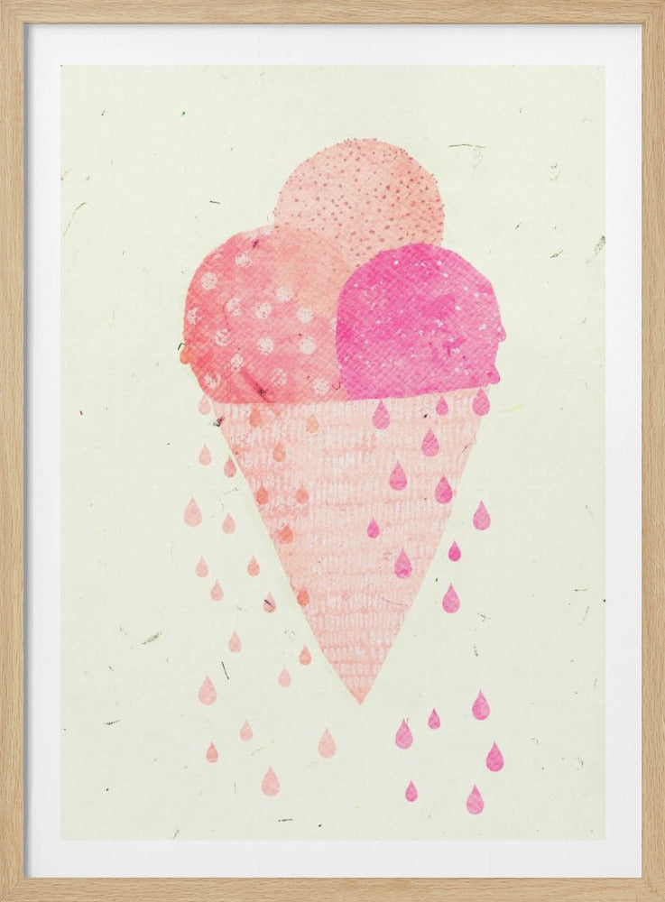 A whimsical illustration of a three-scoop ice cream cone in various shades of pink, melting with pink drips falling down against a textured, off-white background. The artwork is presented in a simple black frame. Decor