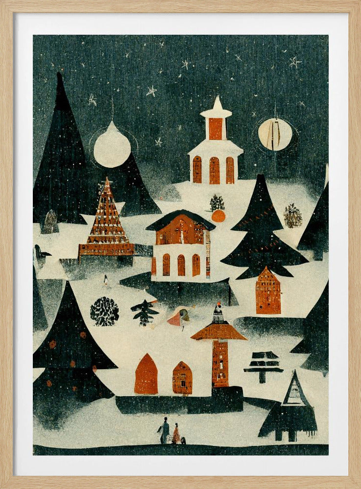 A vintage-style folk art illustration of a cozy Christmas village at night. The scene is covered in snow under a dark, starry sky, with stylized pine trees and quaint orange and white buildings, including a church. It is snowing lightly, and decorative orbs hang in the sky like moons. Artwork