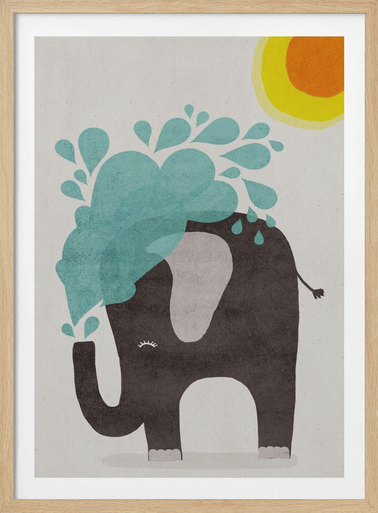 A framed minimalist illustration of a cute dark grey elephant joyfully spraying blue water from its trunk onto its back under a bright yellow sun, set against a textured off-white background. Wall Art