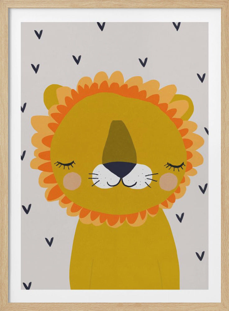 A cute, cartoon illustration of a sleeping lion's head and shoulders. The lion is golden yellow with a fluffy orange and light yellow mane, closed eyes with long lashes, a white muzzle, and pink cheeks. The background is light gray with a pattern of small, dark blue V-shapes. Wall Art