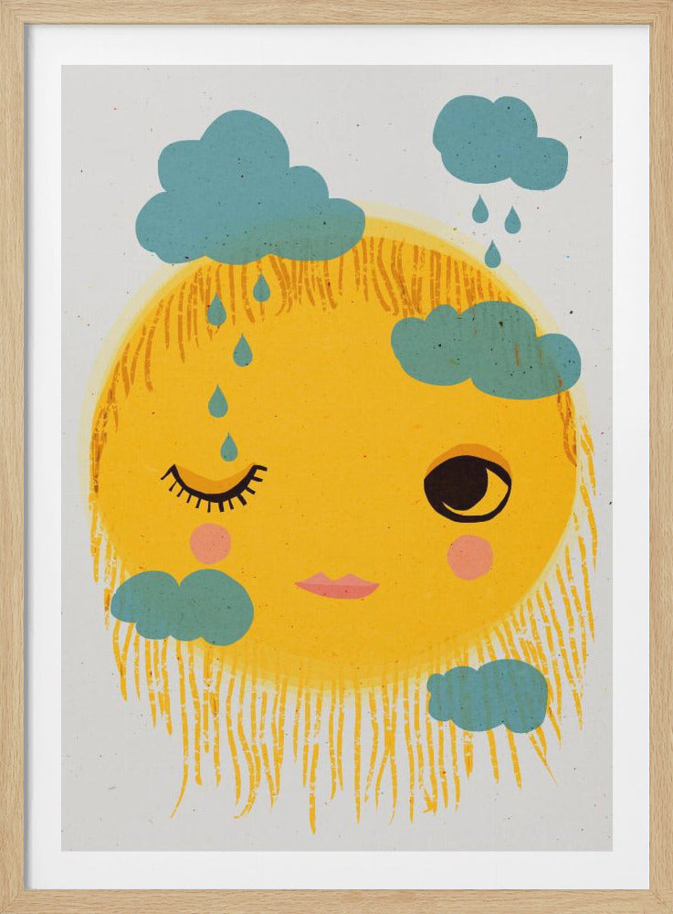 A whimsical illustration of a large, round yellow sun with a friendly face. The sun is winking with one eye, has pink cheeks, and its rays are depicted as a shaggy fringe. Small, stylistic blue clouds float around it, with some dripping blue raindrops. Wall Art