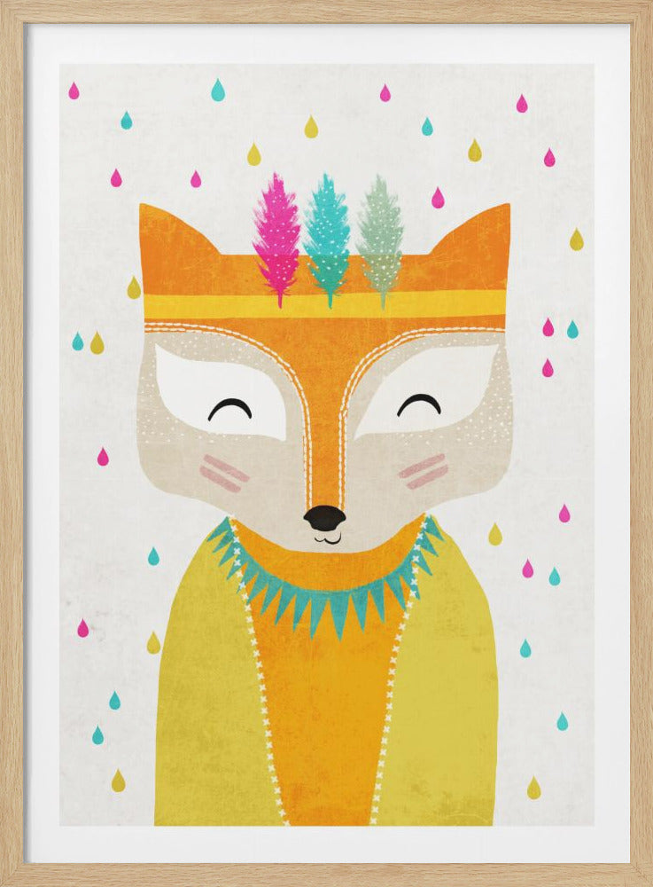 A whimsical illustration of a smiling cartoon fox wearing a headband with three colorful feathers. The fox has its eyes closed and is dressed in a yellow sweater with a turquoise collar. Colorful raindrops fall in the background against a light, textured surface. Decor