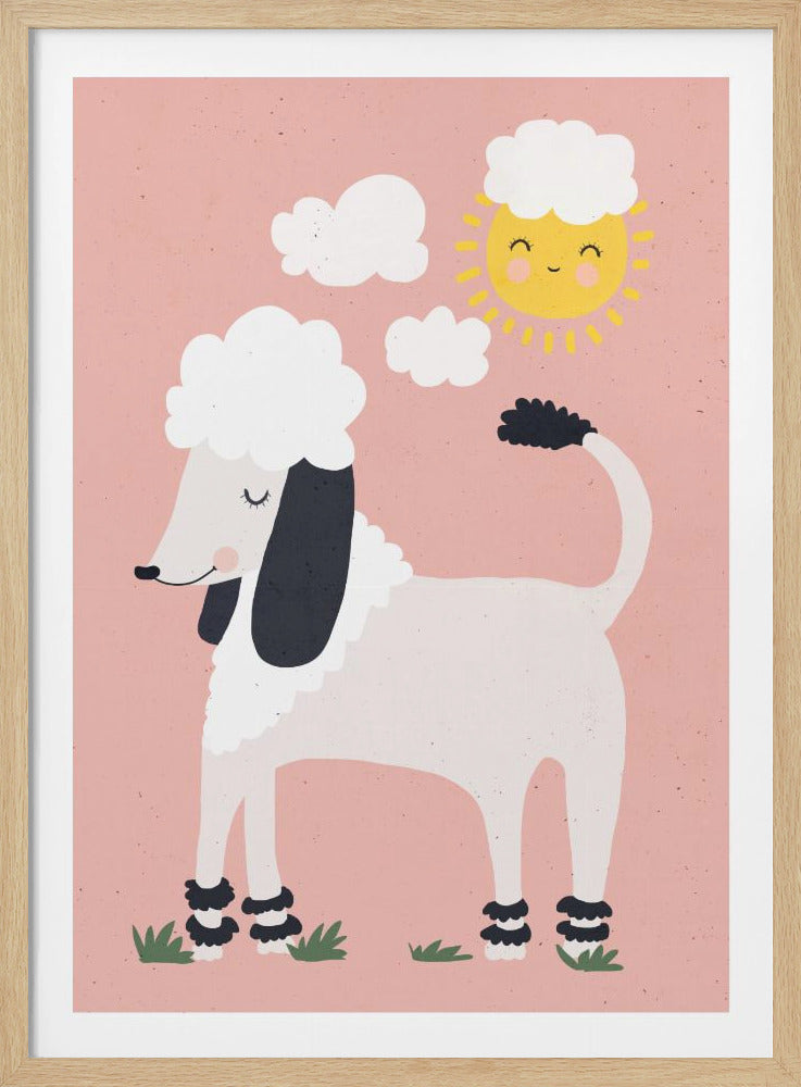 A whimsical illustration of a white poodle with black ears, tail puff, and ankle puffs. The poodle is smiling with its eyes closed, standing on a patch of green grass against a textured pink background. Above, a smiling yellow sun and three white clouds float in the sky. Decor