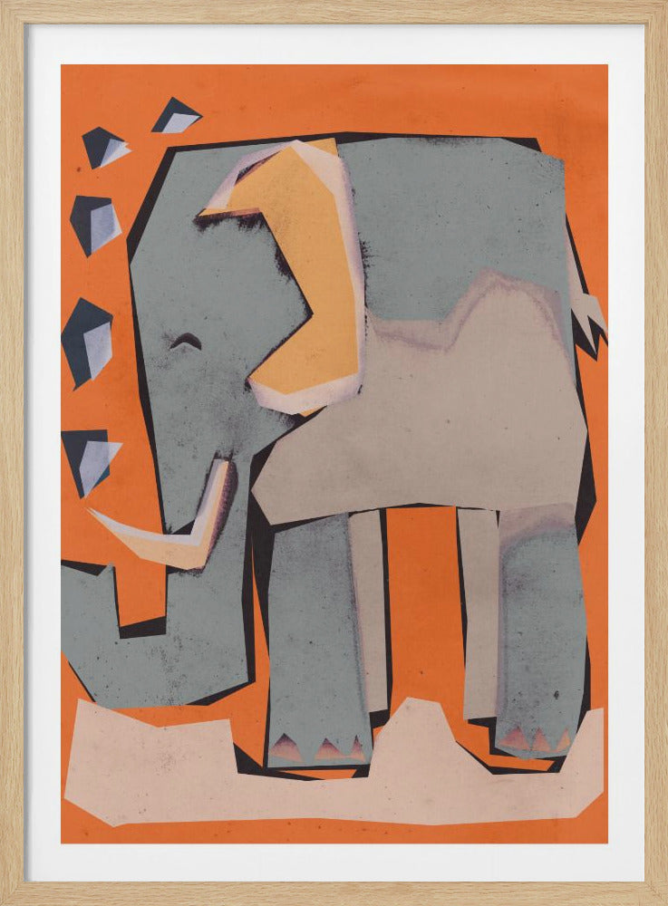 A stylized, geometric collage-style illustration of a gray elephant against a vibrant orange background. The elephant is made of angular shapes, with a yellow ear and a prominent white tusk. The artwork has a textured, paper-cutout feel and is framed in black. Decor