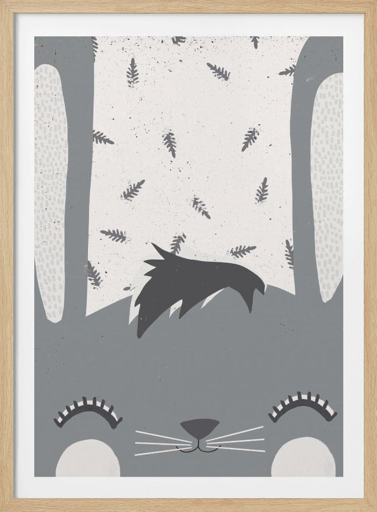 A close-up modern illustration of a cute gray rabbit with closed eyes. The rabbit has long ears, a tuft of hair on its head, and a white and gray patterned background with small leaf motifs, all within a black frame. Poster