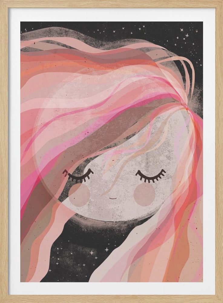 A whimsical illustration of a sleeping moon with long, flowing hair made of pink, coral, and brown ribbons. The moon has a serene expression with closed eyes, long lashes, and rosy cheeks against a dark, star-filled night sky. Wall Art