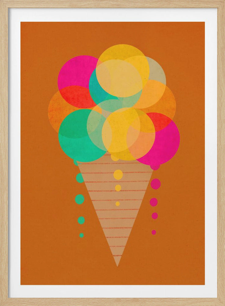 A modern graphic art print of an ice cream cone on a burnt orange background. The ice cream is composed of multiple overlapping, translucent circles in bright pink, yellow, and teal, with drips falling down the sides of a patterned cone. Print