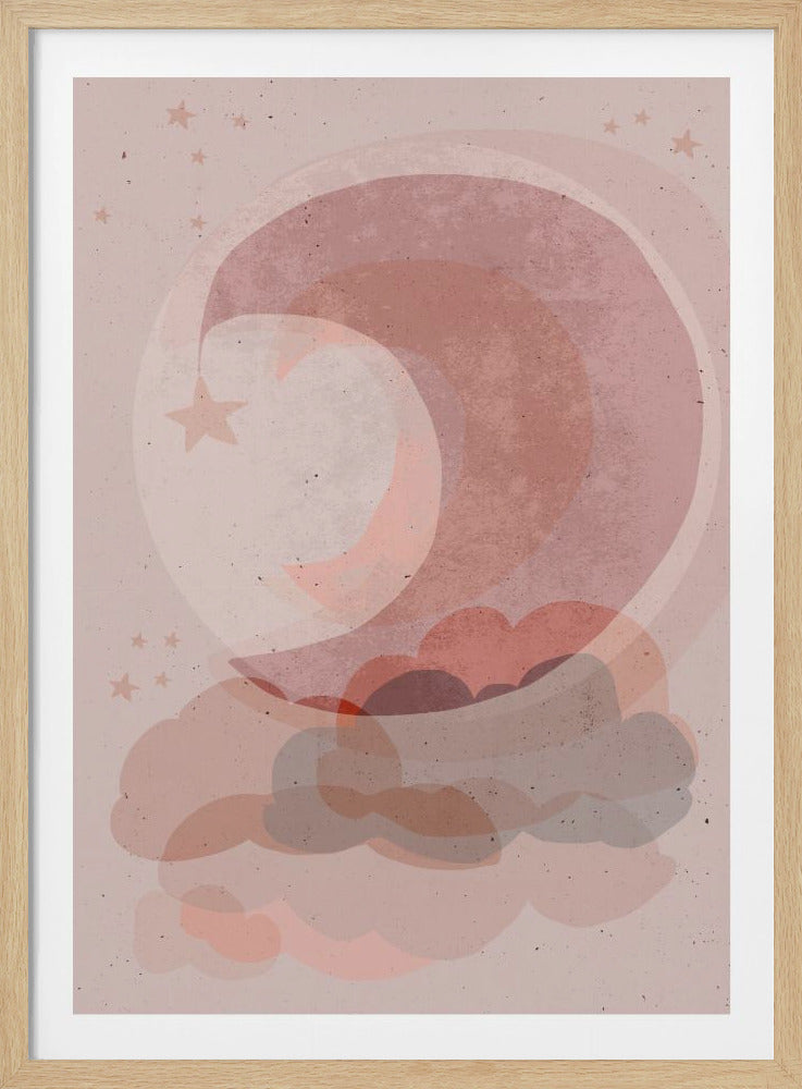 A whimsical, stylized illustration of a large crescent moon resting on a bed of fluffy clouds. The artwork features a soft, muted color palette of various shades of pink, rose, and dusty beige. The moon and clouds are composed of overlapping, translucent shapes, giving the piece a gentle, layered texture. A single star sits within the curve of the moon, with other small stars scattered in the light pink background. Artwork