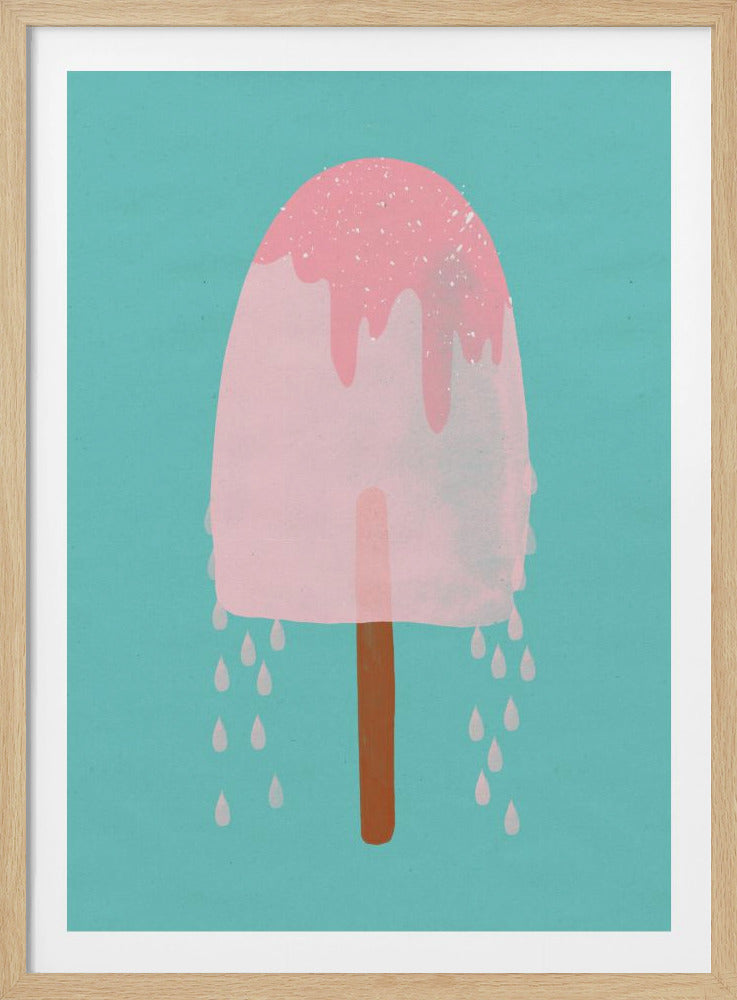 A stylized illustration of a melting pink popsicle on a brown stick against a solid turquoise background. Pink drips are shown coming off the top and falling from the bottom of the popsicle. Wall Art