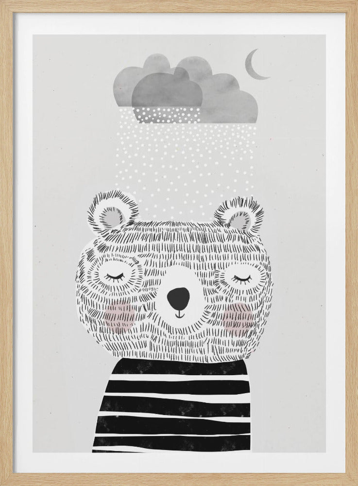 A whimsical black and white illustration of a bear with closed eyes, wearing a striped shirt. Above its head, a grey cloud rains down white dots, with a small crescent moon in the light grey background. The artwork is enclosed in a black frame. Artwork