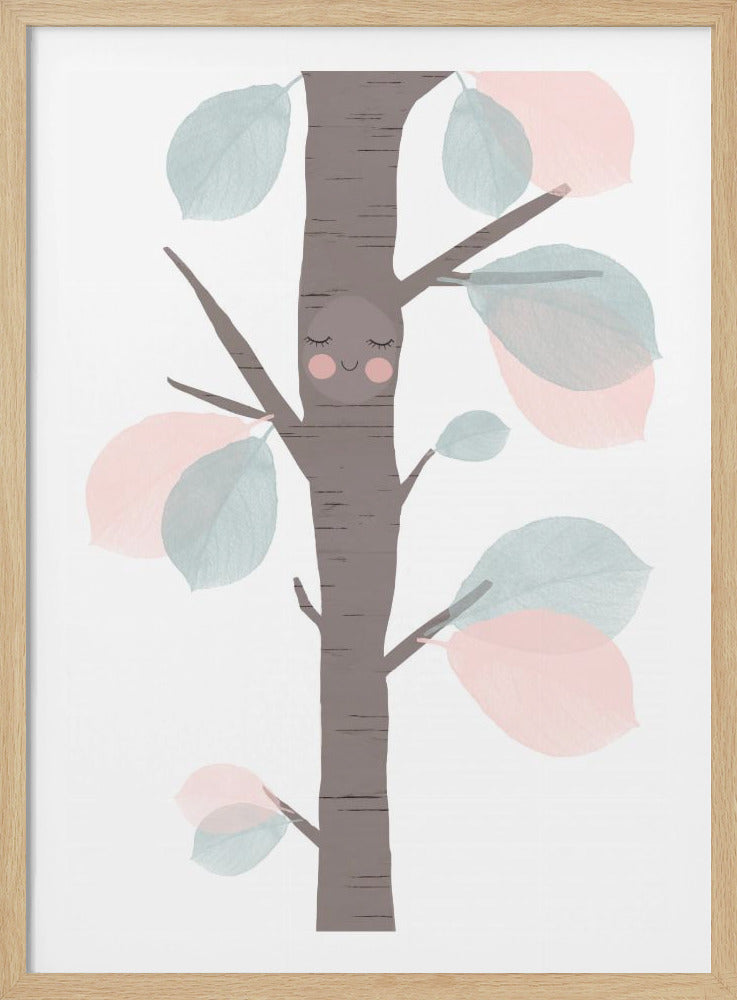 A whimsical illustration of a brown tree trunk with a cute, sleeping face, featuring closed eyes with long lashes, rosy cheeks, and a gentle smile. The tree has several branches with translucent, stylized leaves in pastel pink and soft mint green, all set against a plain white background. Poster