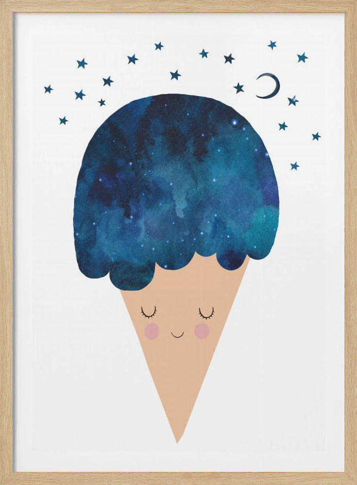 A whimsical illustration of an ice cream cone with a cute, sleeping face. The scoop of ice cream is depicted as a dark blue galaxy with faint white stars. Above the galaxy scoop, more blue stars and a crescent moon are scattered against a white background. Wall Art
