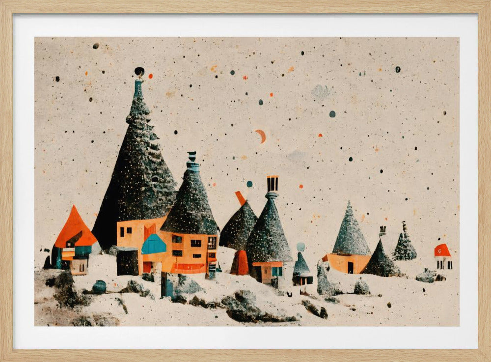 A whimsical illustration of a snowy village with stylized houses and trees under a speckled sky. The buildings have cone-shaped, dark roofs and colorful walls, set against a snowy landscape with a crescent moon above. Poster
