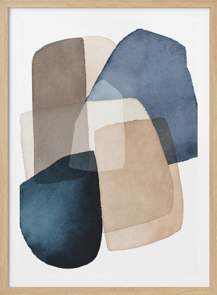 A modern abstract watercolor painting featuring overlapping, rounded shapes in translucent shades of blue and brown on a white background. The artwork is presented in a simple black frame. Poster