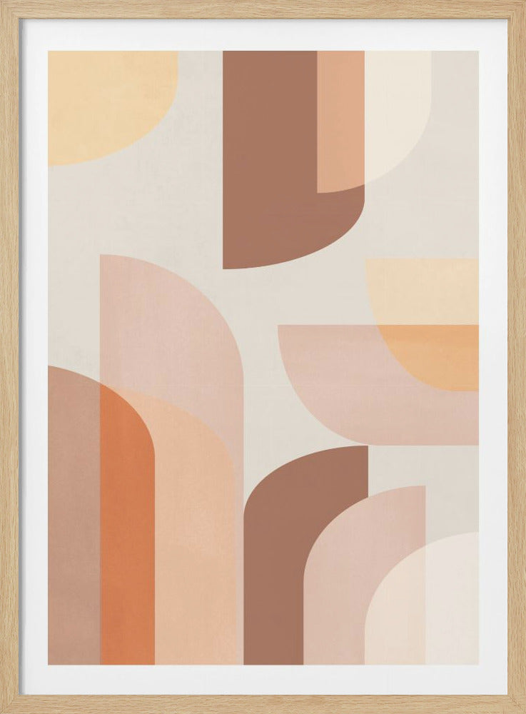 A framed modern abstract art piece featuring overlapping geometric shapes with rounded corners. The color palette is warm and muted, consisting of terracotta, blush pink, soft orange, and a light beige background, creating a layered, balanced composition. Print