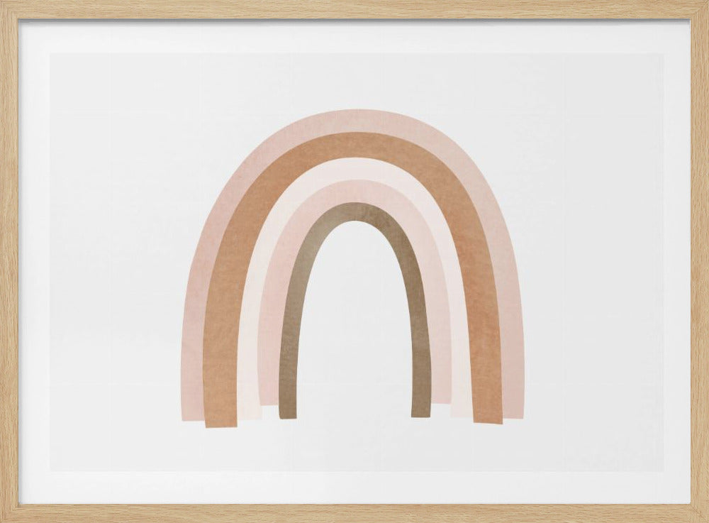 A minimalist art print of a boho-style rainbow in a silver frame. The rainbow features four arches in muted, earthy tones of pink, tan, and brown against a solid white background. Poster