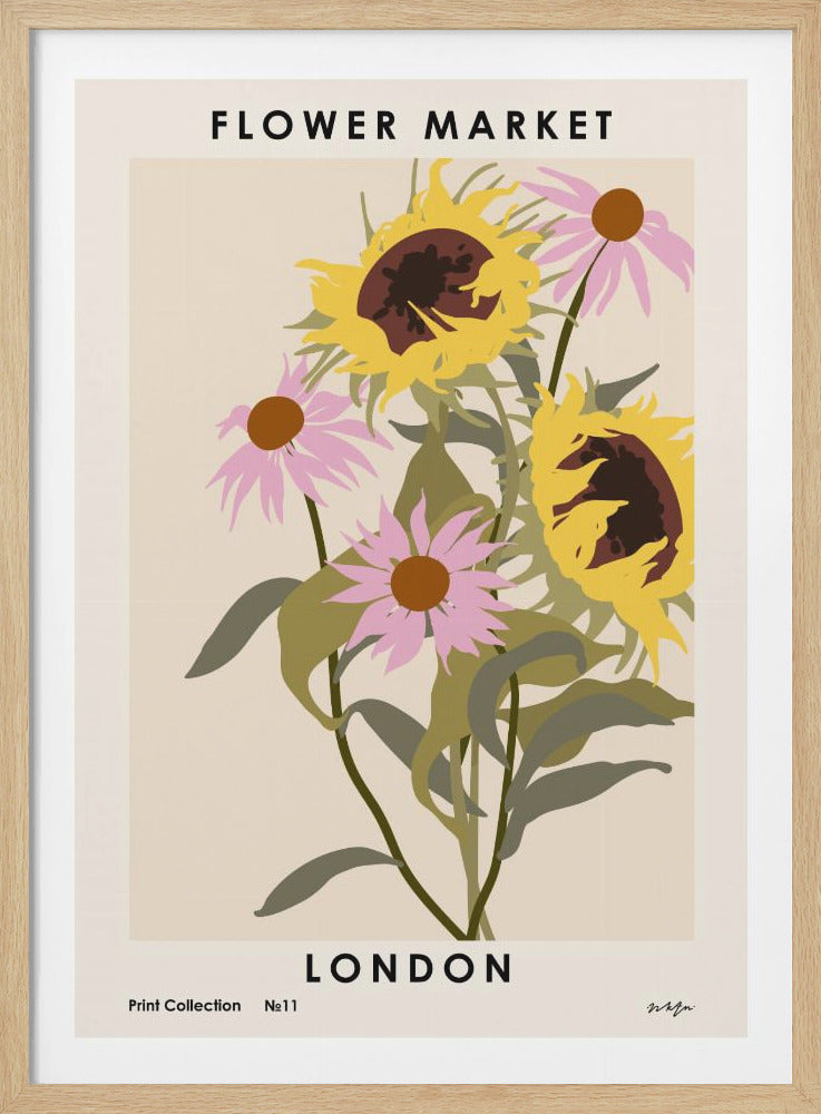 A framed art print titled 'Flower Market London' featuring a minimalist illustration of a bouquet with yellow sunflowers and pink coneflowers on a light beige background. Poster