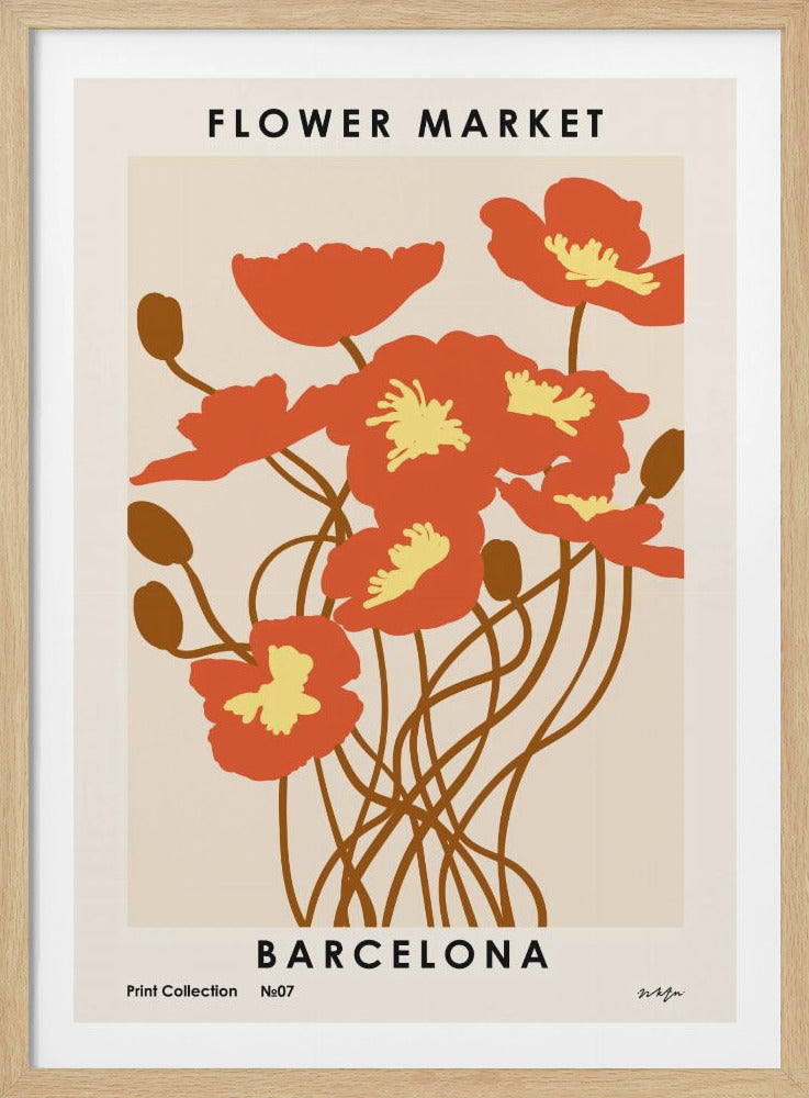 A vintage-style art print titled 'Flower Market Barcelona', featuring a minimalist illustration of red-orange poppies with yellow centers and long brown stems against a cream background. The print is enclosed in a simple black frame. Decor
