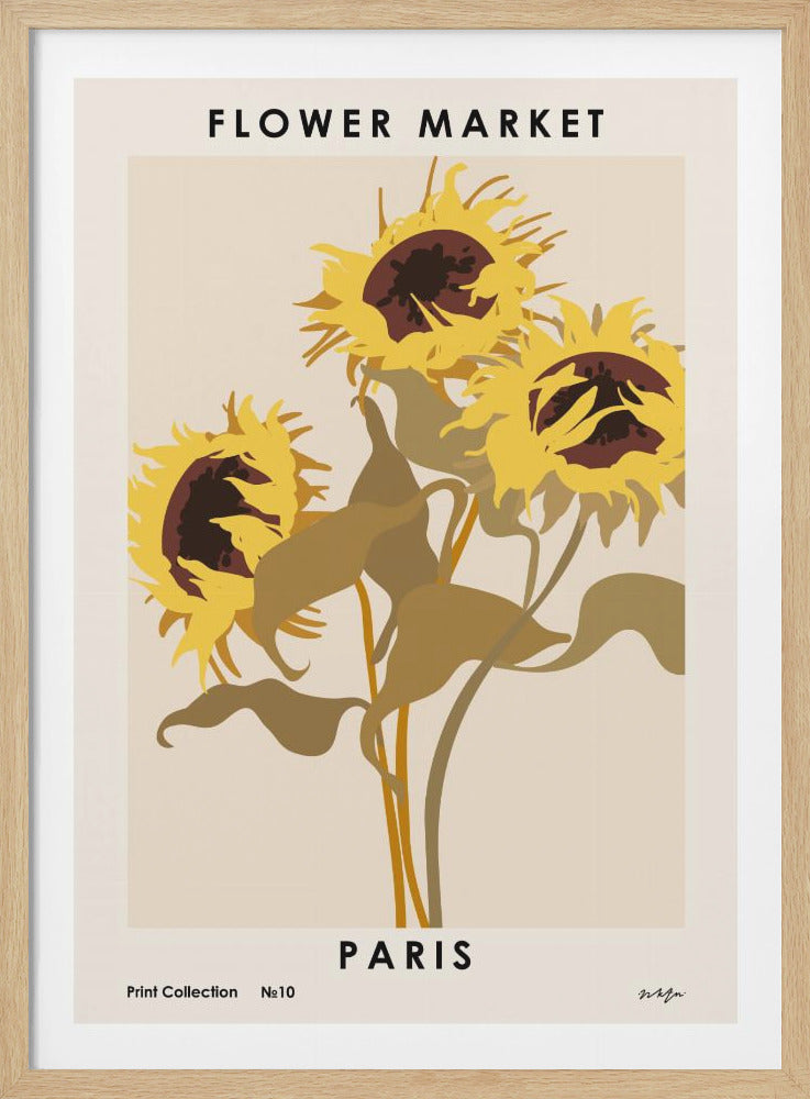 A vintage-style art print poster titled 'FLOWER MARKET' and 'PARIS'. The poster features a minimalist illustration of three large yellow sunflowers with dark brown centers and muted green leaves against a cream-colored background. The entire print is enclosed in a simple black frame. Print