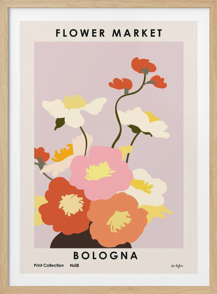 A vintage-style art print titled 'Flower Market Bologna', featuring a minimalist illustration of a colorful bouquet with pink, orange, red, and cream flowers against a pale lavender background, all within a cream border and black frame. Decor