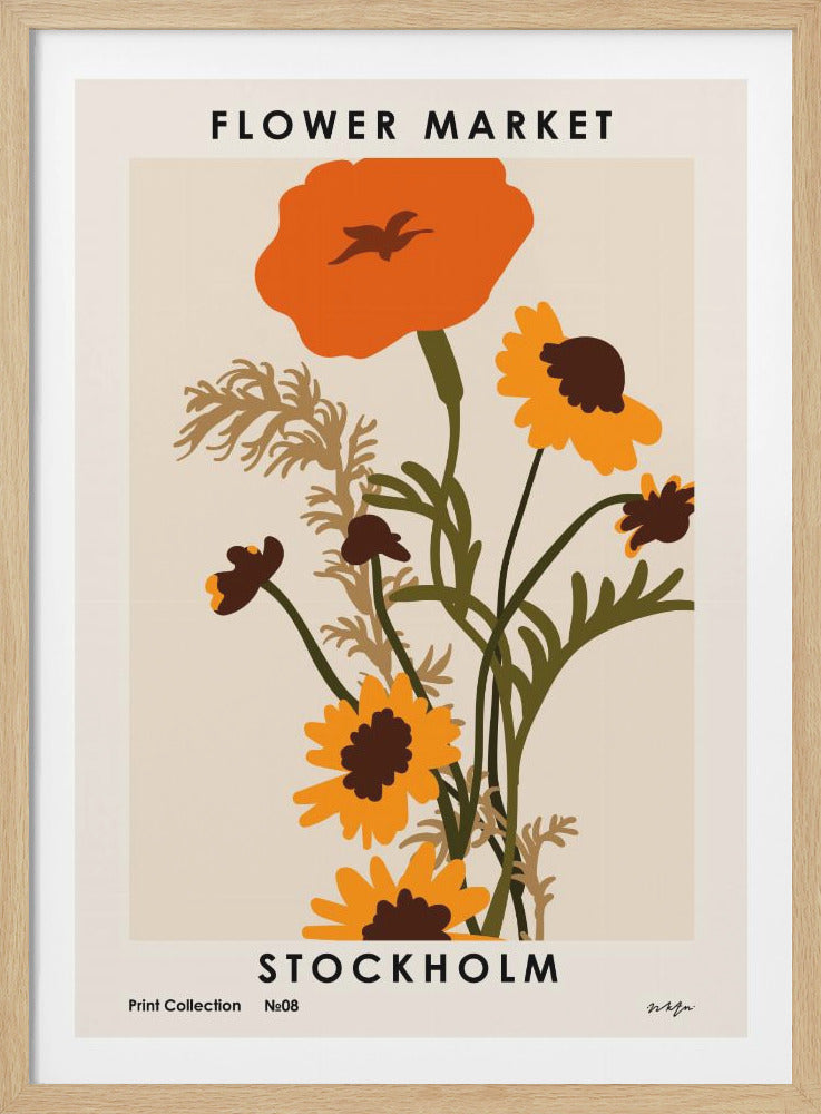 A vintage-style 'Flower Market Stockholm' art print in a black frame. The illustration features a large orange poppy and several yellow sunflowers with brown centers on green stems against a cream background. Decor