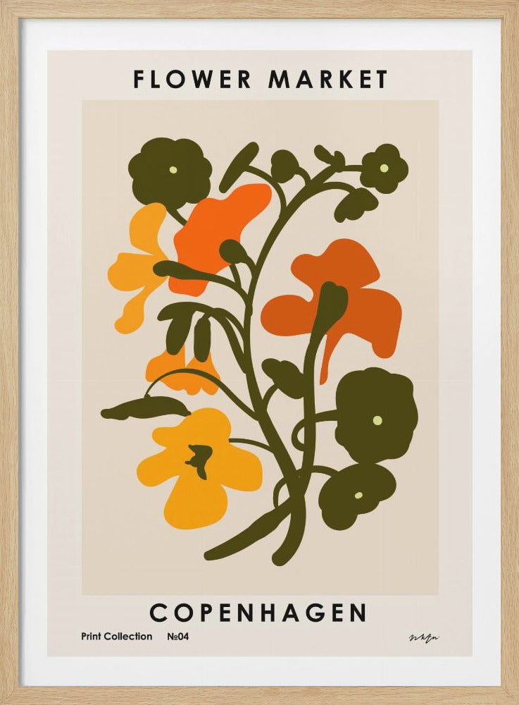 A framed art print titled 'Flower Market Copenhagen'. It features a minimalist illustration of orange, yellow, and dark green flowers and stems on a cream background, in a retro, block-print style. Decor