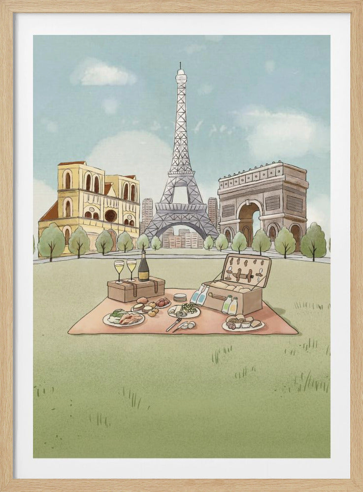 An illustration of a romantic picnic in a park in Paris. In the foreground, a picnic blanket is spread on green grass with food, wine, and a picnic basket. In the background, iconic French landmarks including the Eiffel Tower, Arc de Triomphe, and Notre Dame Cathedral are visible against a light blue sky. Artwork