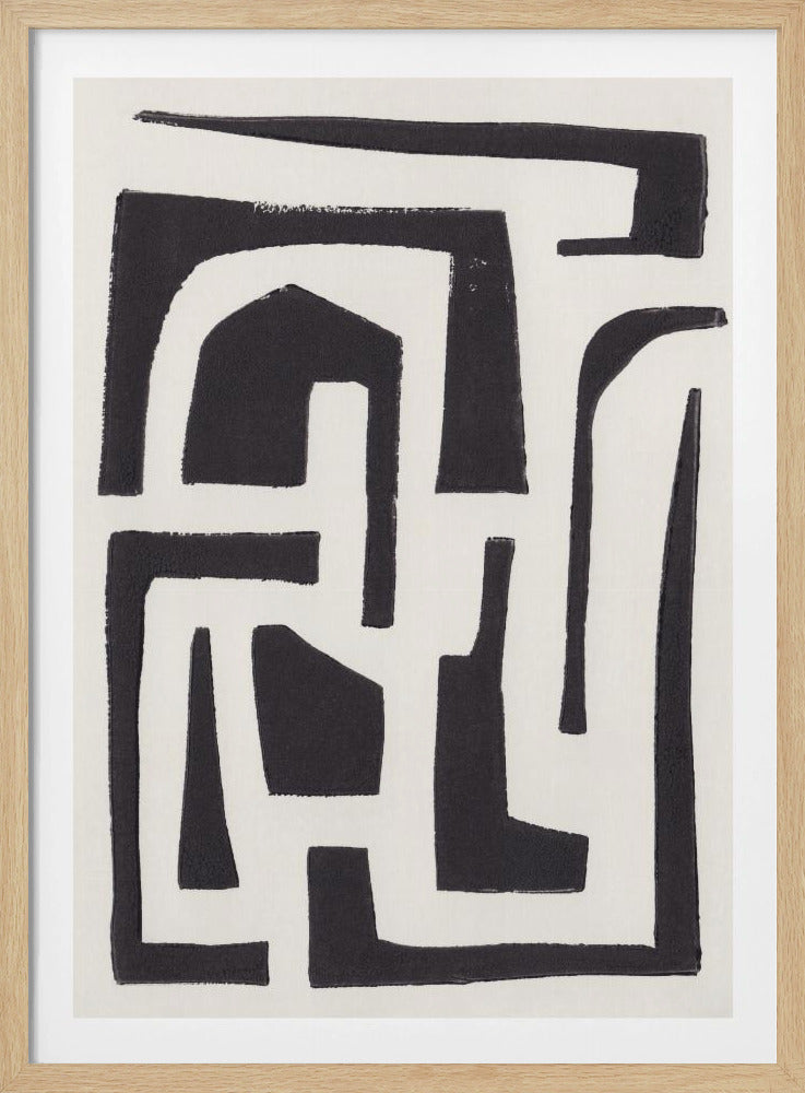A framed abstract artwork featuring a bold, maze-like pattern in black ink on a white, textured background. The lines are thick and have a hand-painted, block print quality, creating a modern and graphic composition. Poster