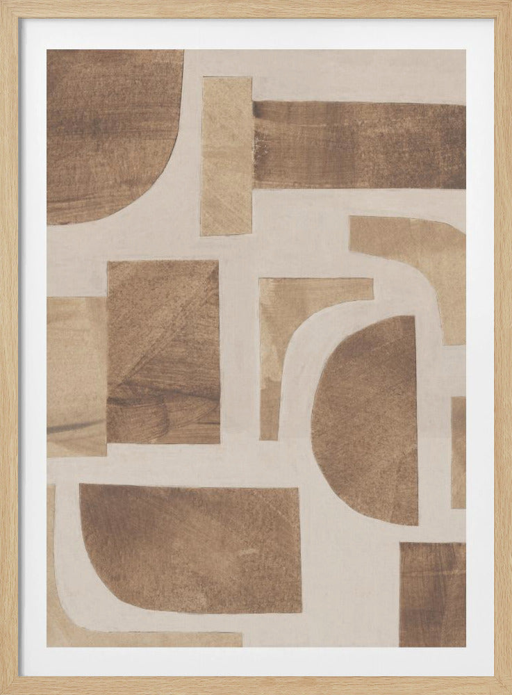 A framed abstract painting featuring a composition of geometric and curved shapes in various shades of brown and tan. The shapes, which have a textured, painted appearance, are arranged on a light beige background and separated by thick, off-white lines, creating a collage effect within a simple black frame. Print