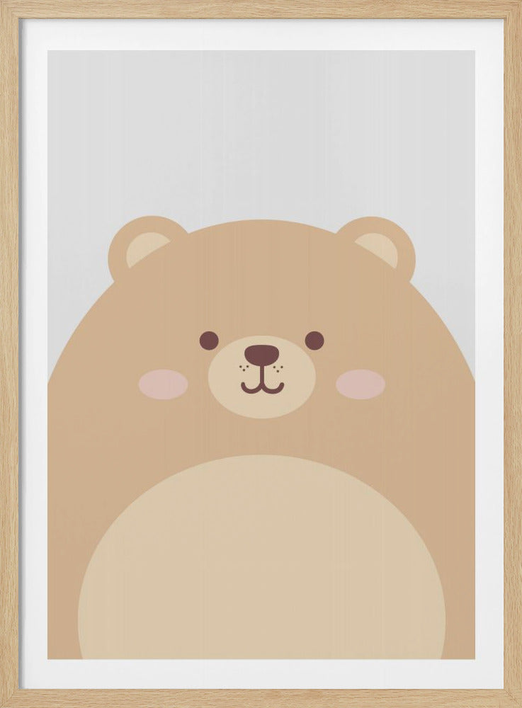 A minimalist illustration of a cute, chubby brown bear's face peeking up from the bottom of the frame. The bear has simple black eyes, a small nose and mouth, and pink blush on its cheeks, all set against a plain off-white background and framed in black. Poster