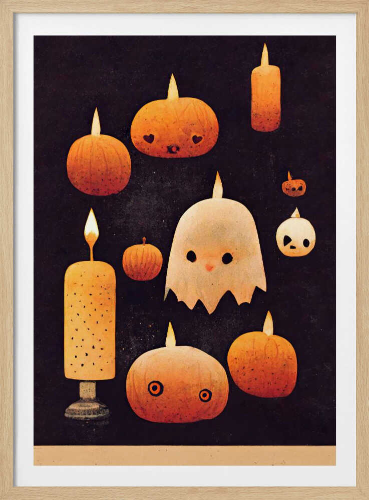 A whimsical Halloween illustration featuring a cute white ghost and several orange pumpkins with carved faces, all lit like candles with flames on their heads. The characters are set against a dark, textured background, creating a charming and spooky scene. Artwork