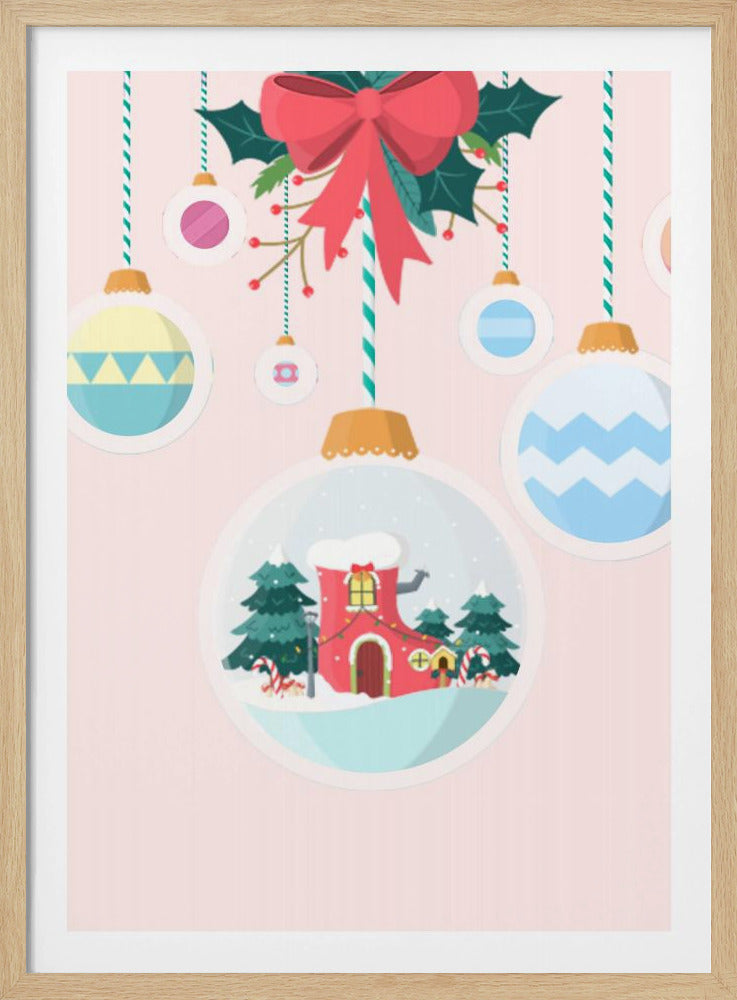 A festive Christmas illustration featuring hanging ornaments against a soft pink background. A large central ornament depicts a charming winter scene with a red, boot-shaped house covered in snow, nestled among pine trees. Other colorful, patterned baubles hang from striped strings, all under a large red bow with holly. Decor