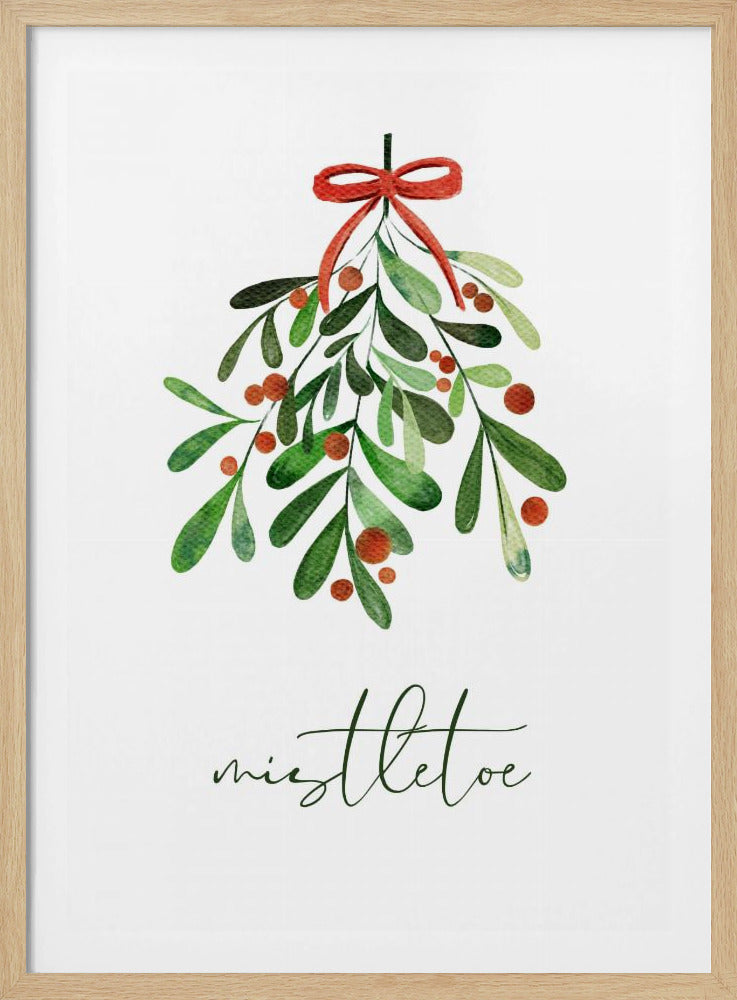 A framed watercolor illustration of a sprig of mistletoe with green leaves and red berries, tied with a red bow. Below the plant, the word 'mistletoe' is written in a cursive script on a clean white background. Artwork