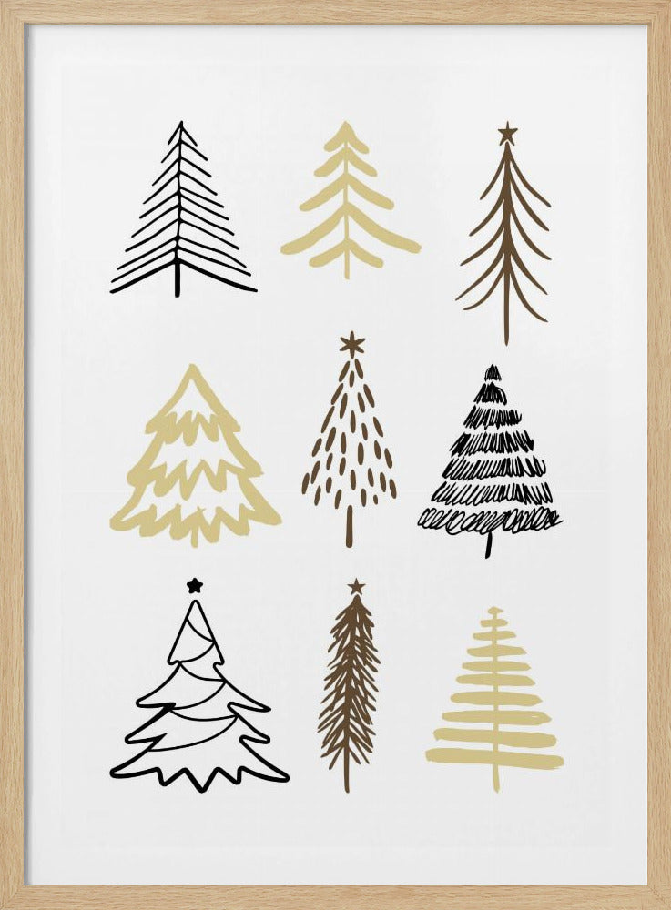 A minimalist art print featuring a grid of nine hand-drawn Christmas trees against a white background. The trees are depicted in various simple, stylized forms using black, gold, and brown colors. The entire piece is shown within a thin black frame. Artwork
