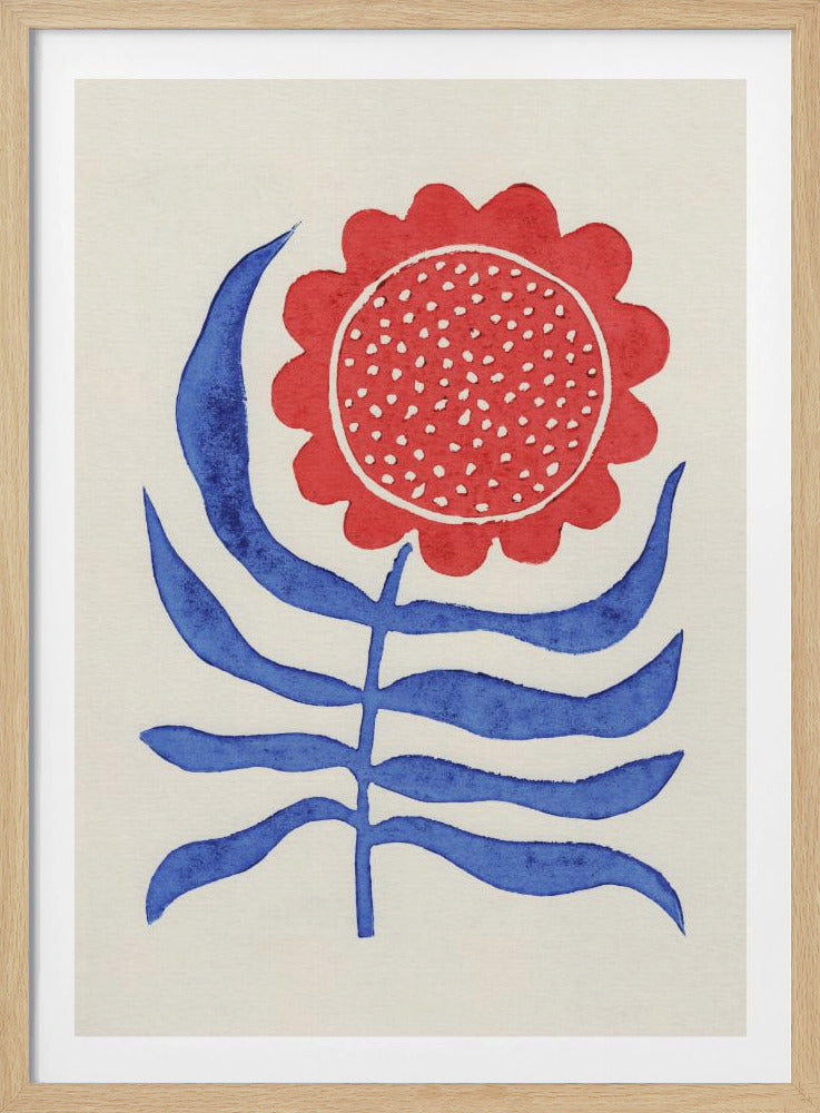 A stylized folk art painting of a flower featuring a large, round red bloom with white polka dots and bold blue leaves on a single stem. The illustration is set against a cream-colored background and enclosed in a thin black frame. Wall Art