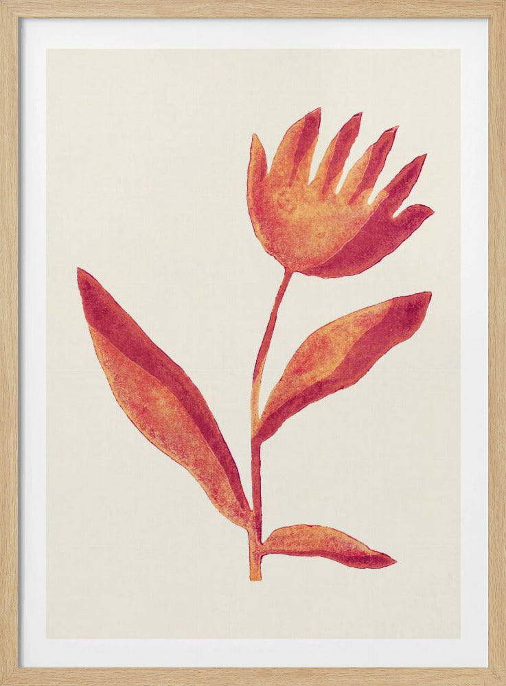 A framed art print featuring a stylized watercolor flower. The blossom, in shades of orange and red, resembles an open hand. It sits atop a simple stem with leaves against a cream background. Poster