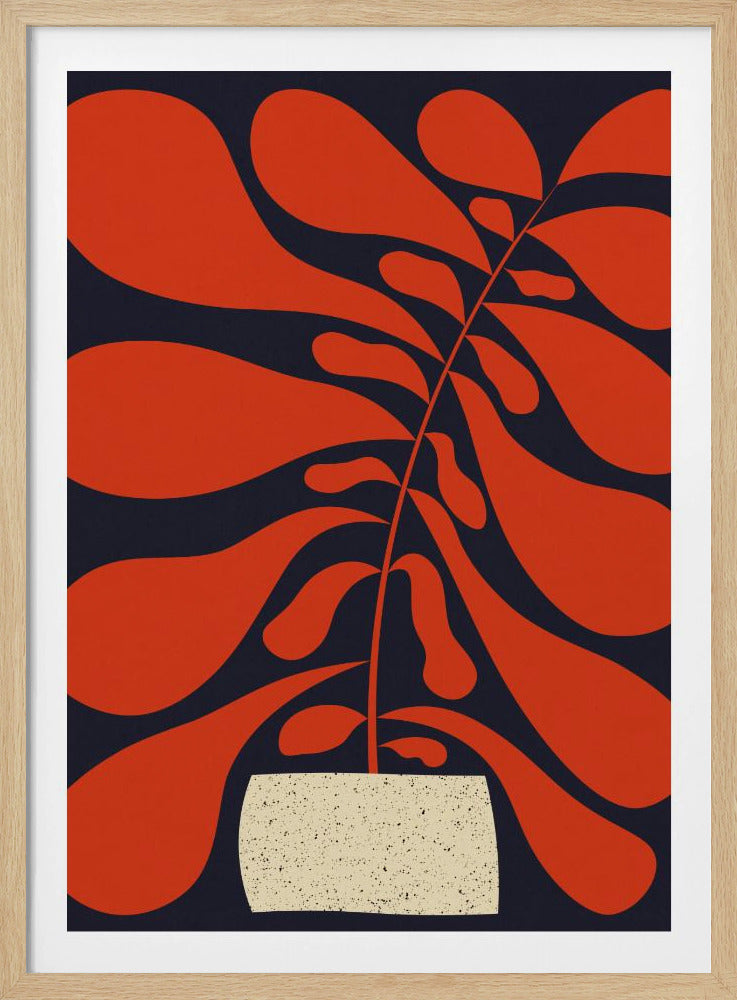 A modern abstract illustration of a potted plant with large, flowing, reddish-orange leaves against a dark navy blue background. The plant sits in a textured, cream-colored pot, and the entire piece is enclosed in a thin black frame. Wall Art