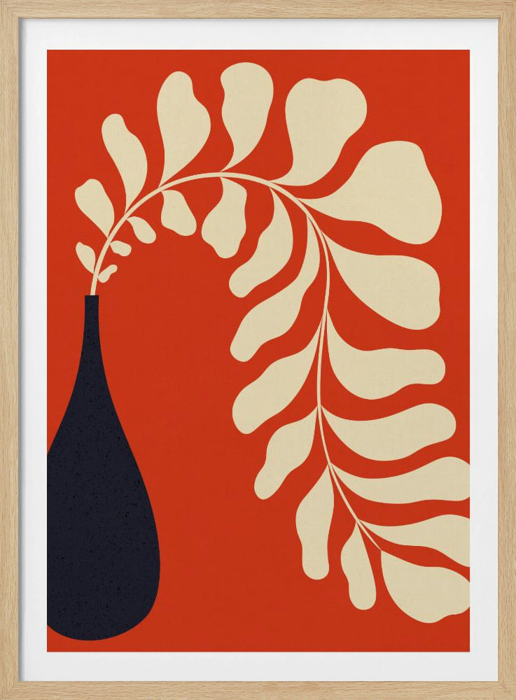 A minimalist graphic art print featuring a stylized cream-colored plant stem with large, rounded leaves, arching elegantly out of a dark navy blue teardrop-shaped vase, all set against a vibrant burnt orange background. Decor