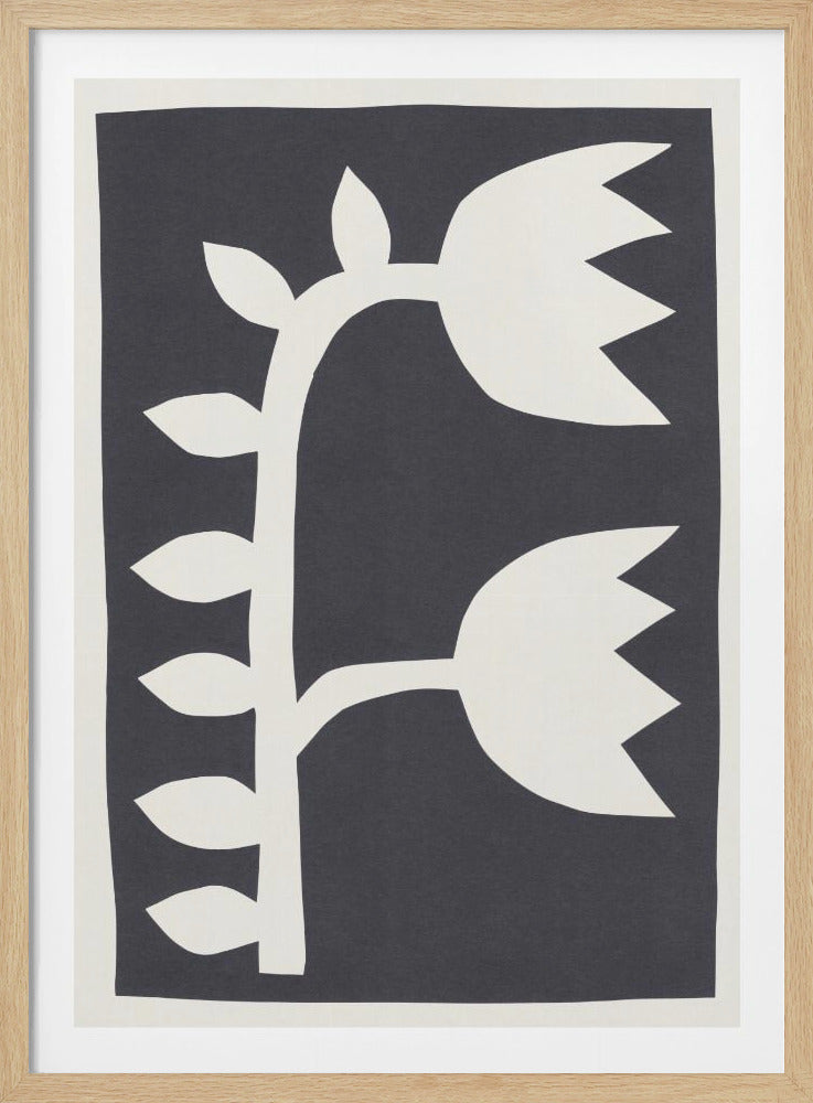 A minimalist, black and white paper-cut style artwork featuring a stylized white flower stalk against a dark grey background. The stalk has several small leaves and two large, jagged-edged flowers, all framed in black. Poster