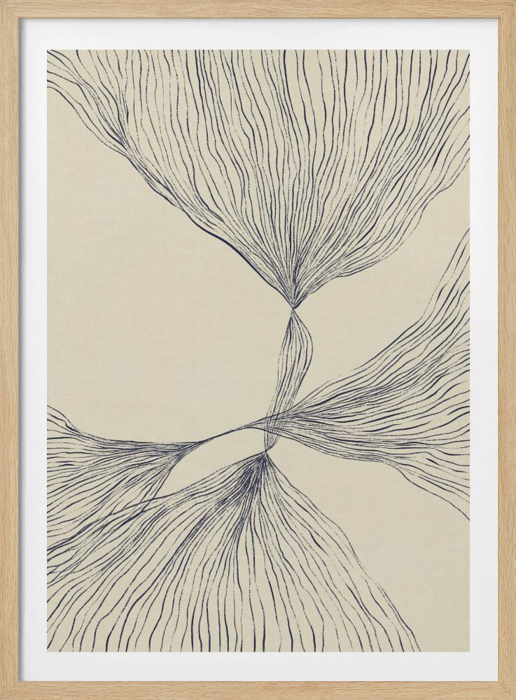 A framed abstract piece of art with a textured cream background. It features numerous thin, wavy, dark navy blue lines that converge and diverge, creating flowing, organic shapes that intersect in the center. Decor