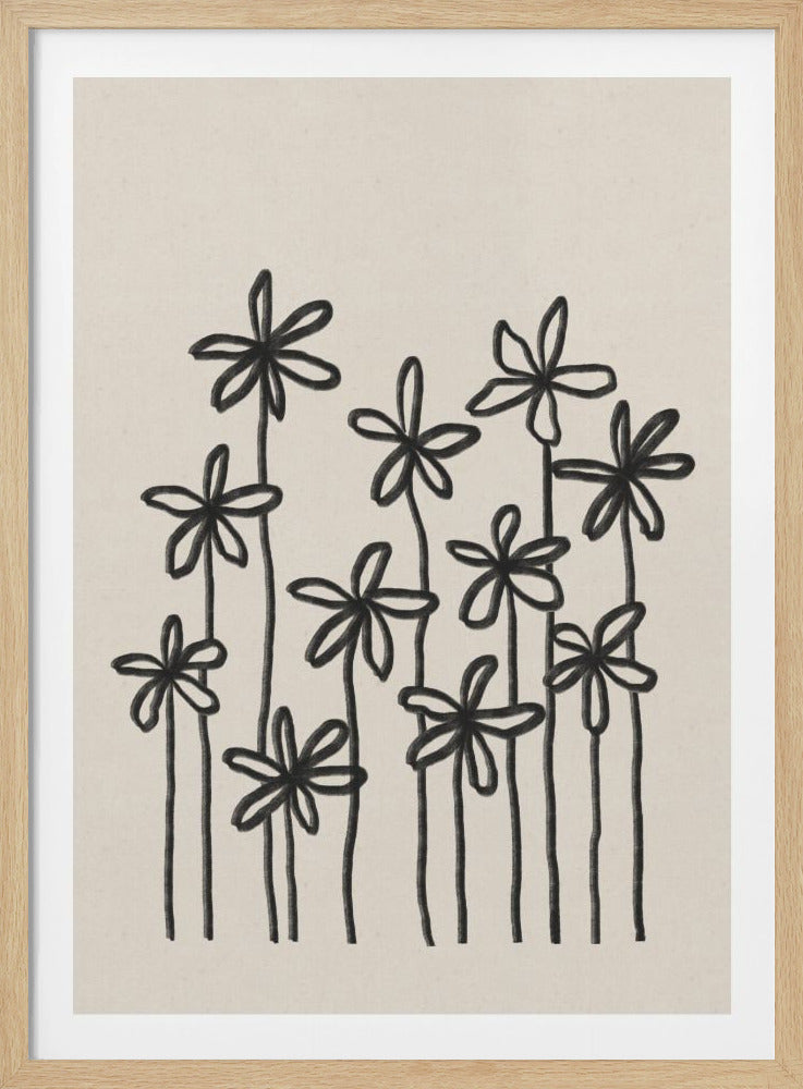 A minimalist black line drawing of several stylized flowers with long stems on a beige background, presented in a black frame. Wall Art