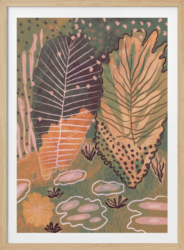An abstract, vertical illustration of a botanical scene featuring two large, stylized leaves at the center. One leaf is dark green with white veins, while the other is a mix of yellow and light green. The background is a textured, darker green filled with various smaller, abstract plant forms in shades of pink, orange, and dark brown, all enclosed in a thin black frame. Poster