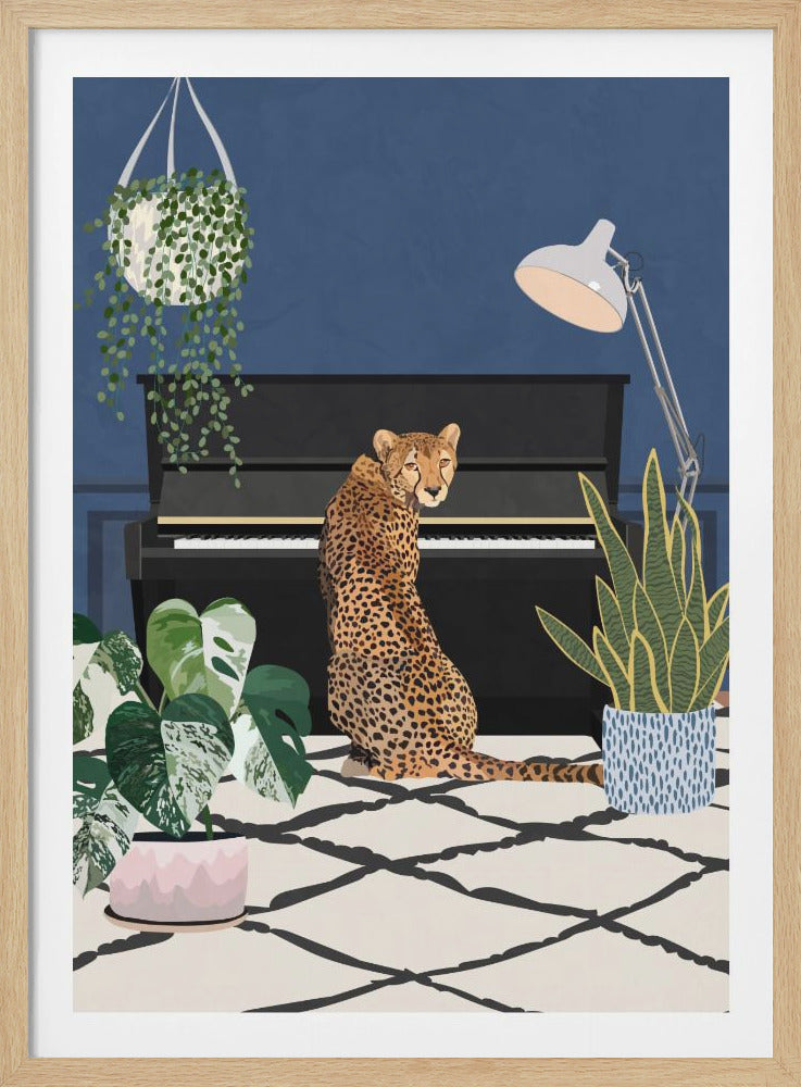 A stylized illustration of a cheetah sitting on a geometric patterned rug in a modern living room. The cheetah looks directly at the viewer, positioned in front of a black upright piano against a deep blue wall. The room is decorated with a variety of lush green houseplants and a sleek white floor lamp. Decor