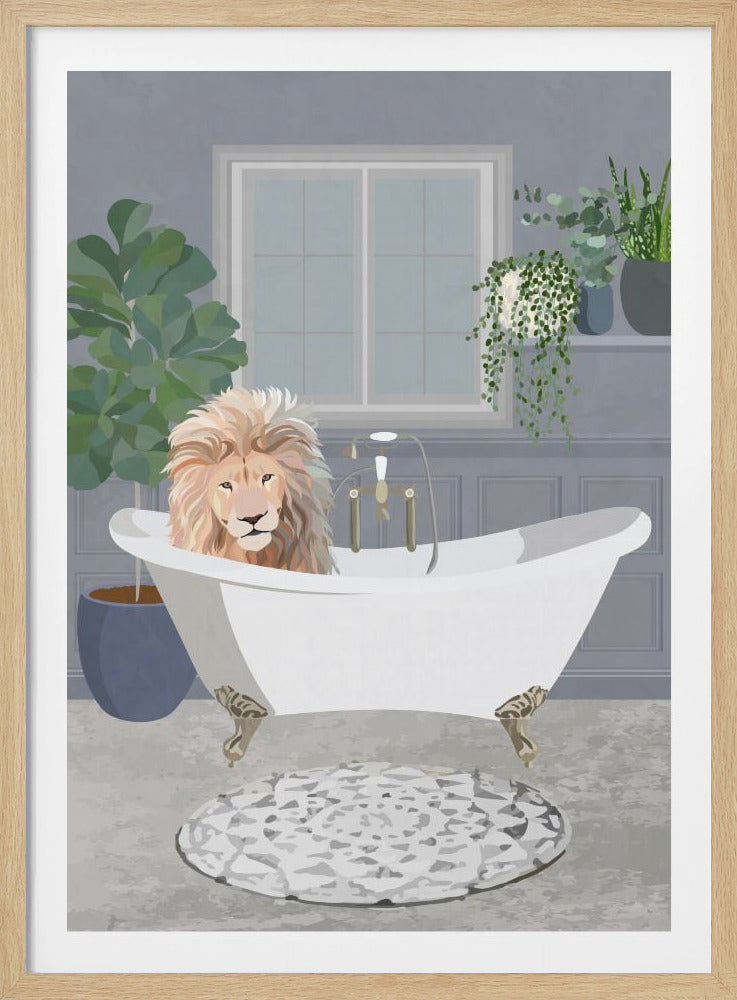 A playful illustration of a male lion with a full mane relaxing in a white clawfoot bathtub. The bathroom is decorated in shades of grey, with several green houseplants and a window in the background. Print